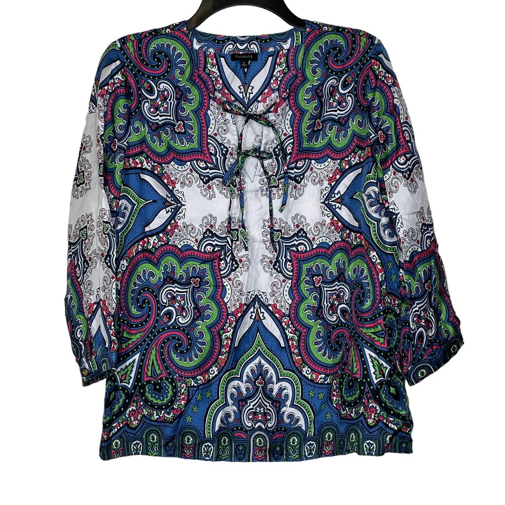 Talbots Paisley Peasant Boho Silk Blouse Tie Up V-Neck 3/4‎ Sleeve Top 8 Women